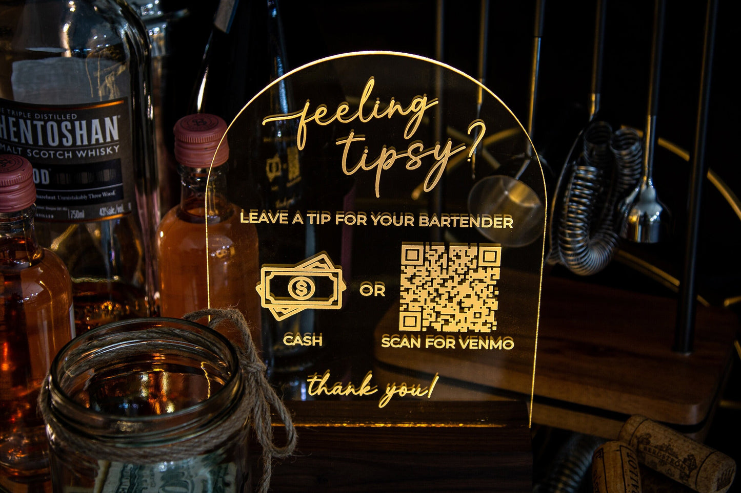 Arched QR Code Sign & Light Up LED Stand (Feeling Tipsy) - Scan for Tips Payment Venmo Paypal Cashapp, Restaurant Bars Small Business Sign
