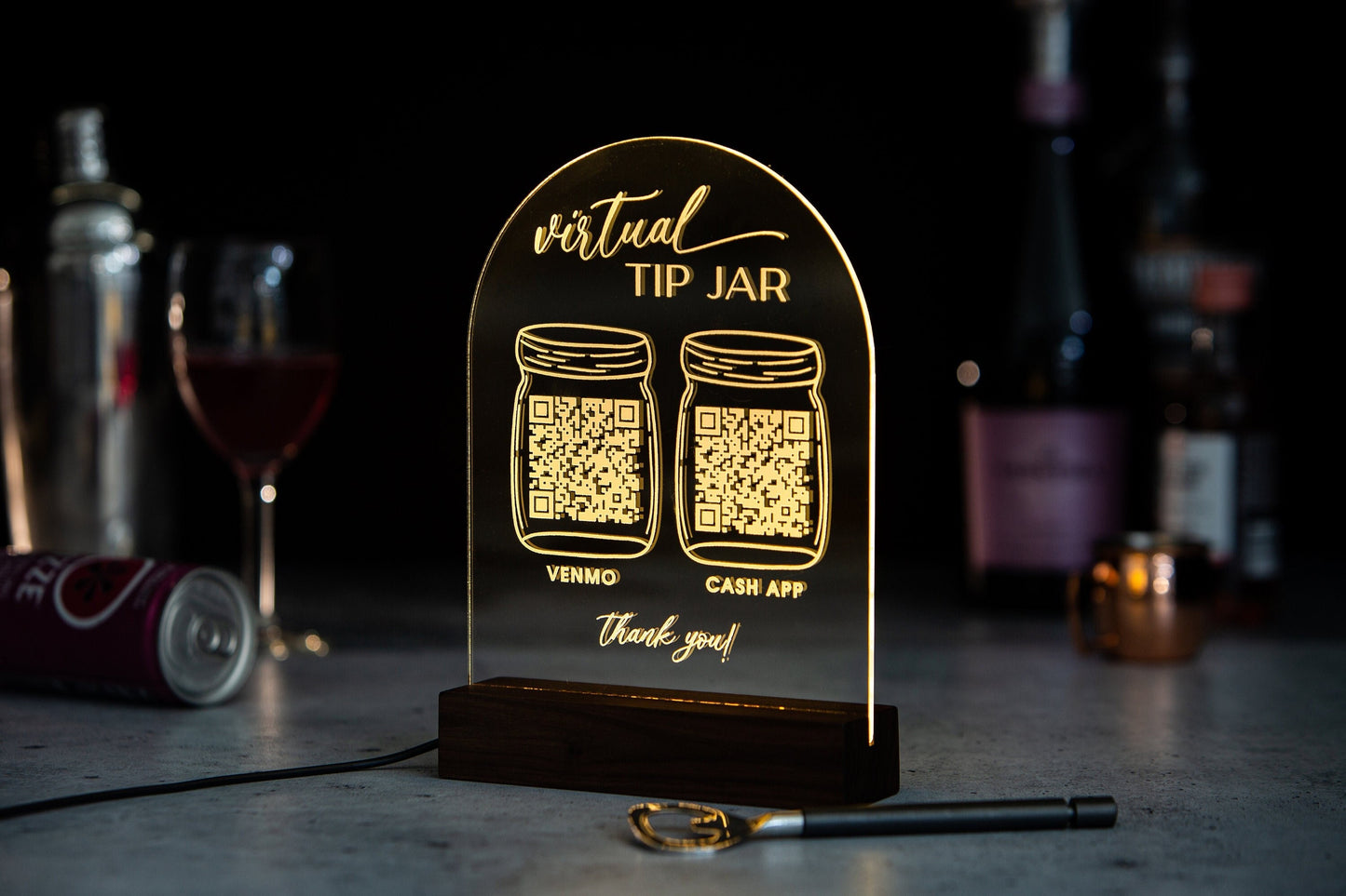 Arched QR Code Sign & Light Up LED Stand (Virtual Tip Jar) - Scan for Tips Payment Venmo Paypal Cashapp, Restaurant Bars Bartender Sign