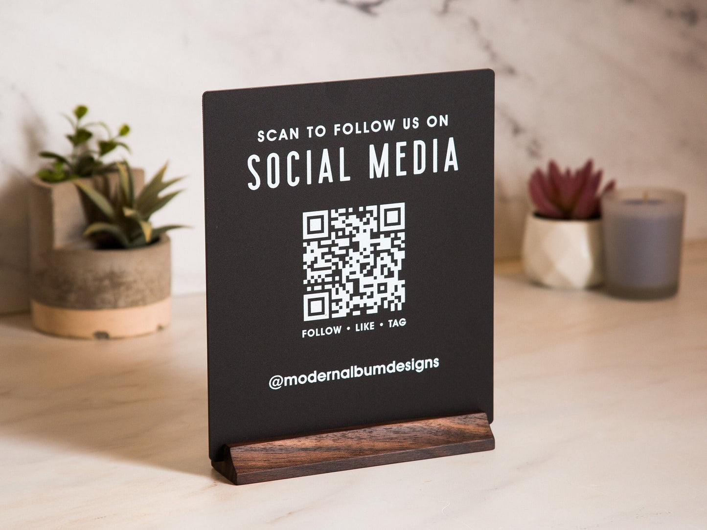 QR Code Social Media Sign w/ Wood Stand - Scannable Office Table Desk Signage, Social Media for Small Business, Salon Restaurant Bar Signs