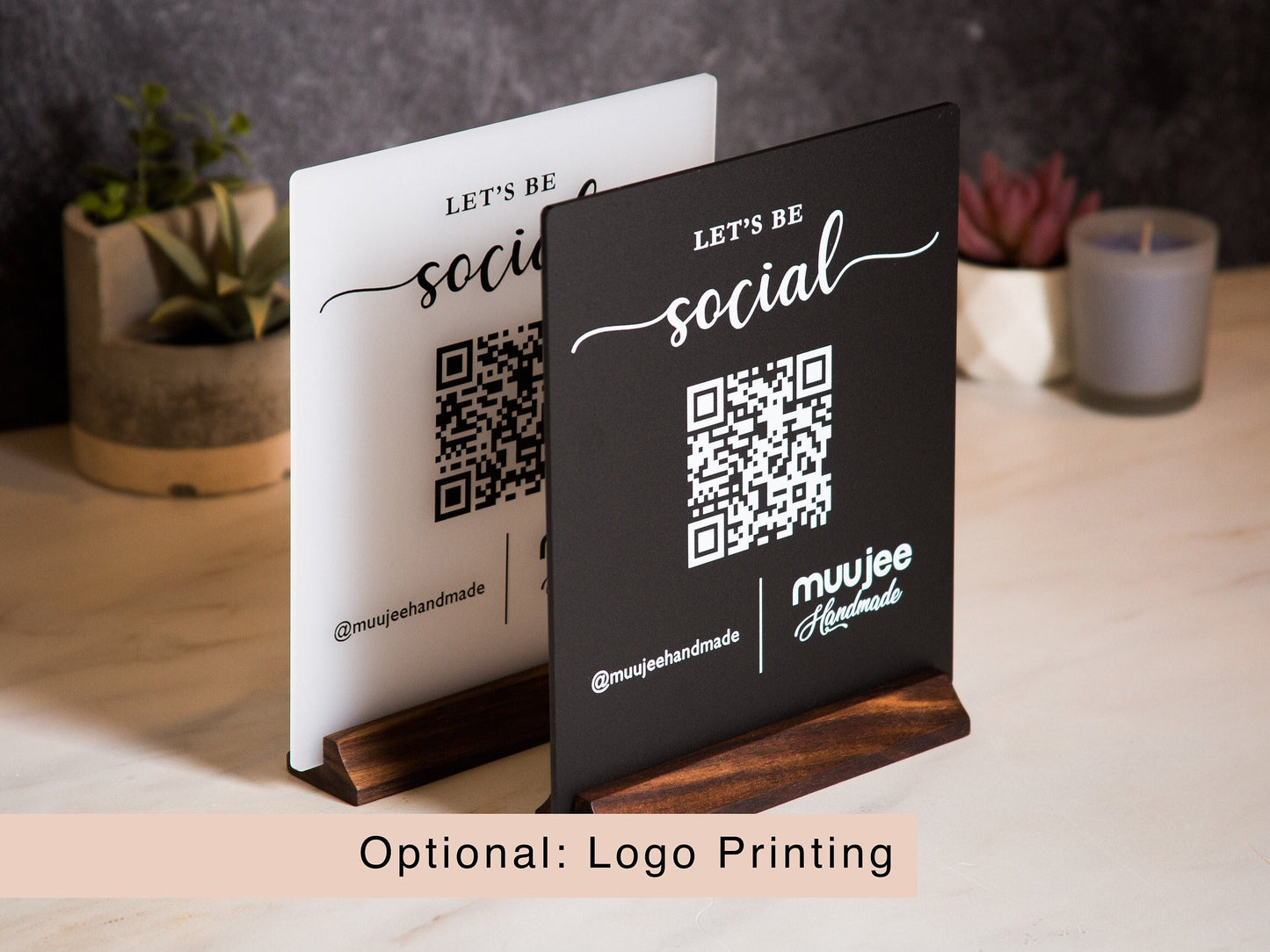 QR Code Social Media Sign w/ Wood Stand - 6.5 x 7.75" Logo Optional Scannable Acrylic Instagram Website Sign for Business Salon Restaurant