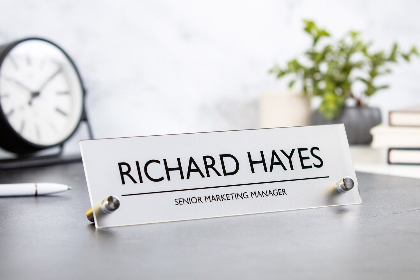 Standing Acrylic Name Plate - 10x2.75" Clear Bold Desk Sign, New Job Office Decor, Corporate Work Promotion Gift, Employee Staff, Dad Gift