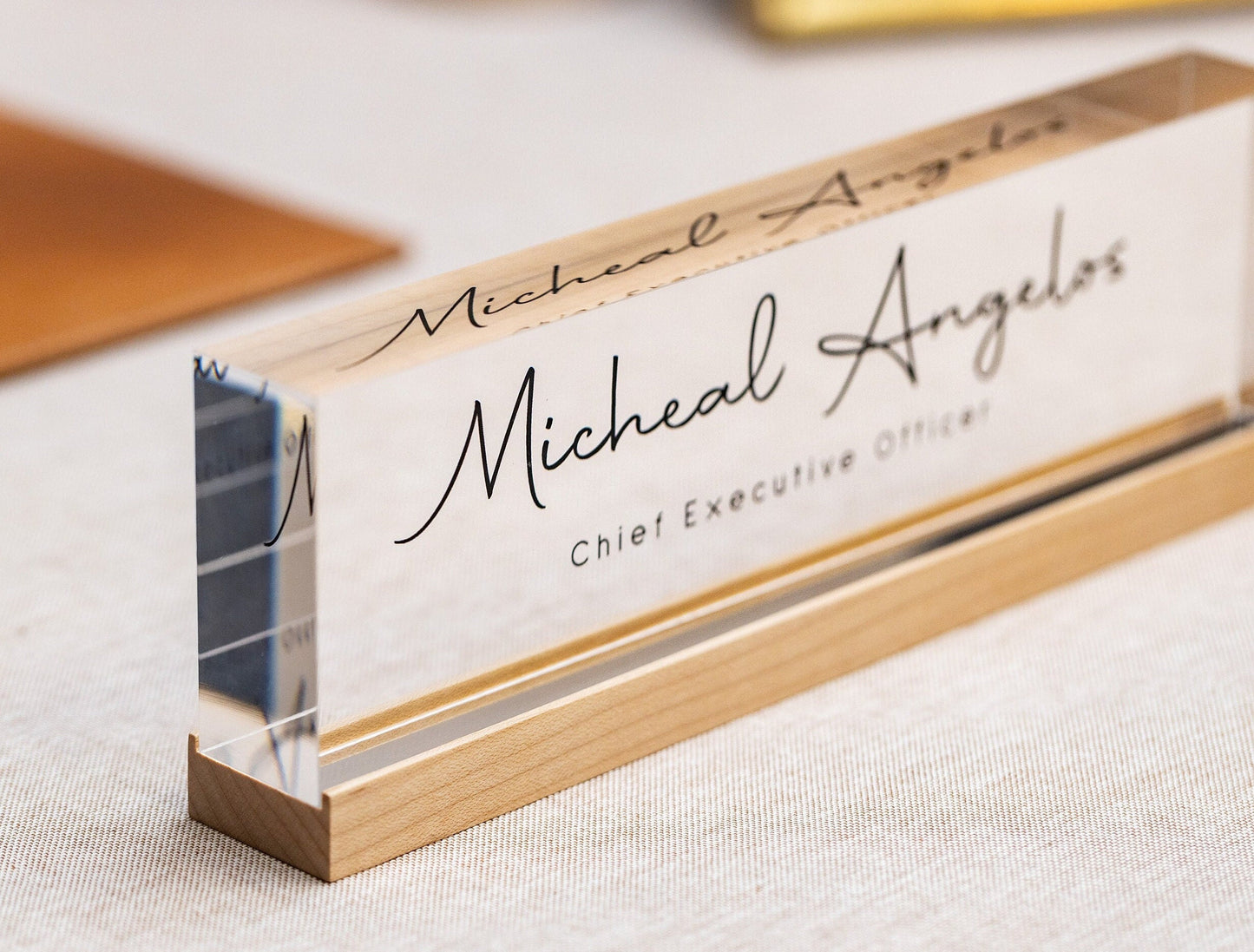 Personalized Acrylic Name Block (D2) - w/ Optional Wooden Base, Minimal Executive Desk CEO Sign, Job Office Decor Teacher Manager Gift