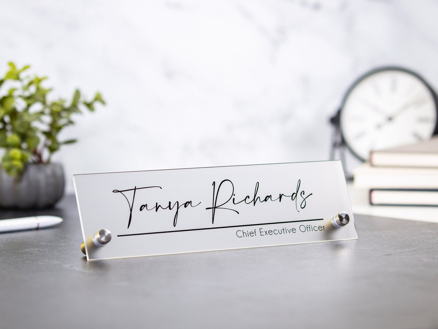 Standing Acrylic Name Plate - 10x2.75" Clear Script Executive Desk CEO Sign, New Job Office Business Decor, Promotion Gift for Husband