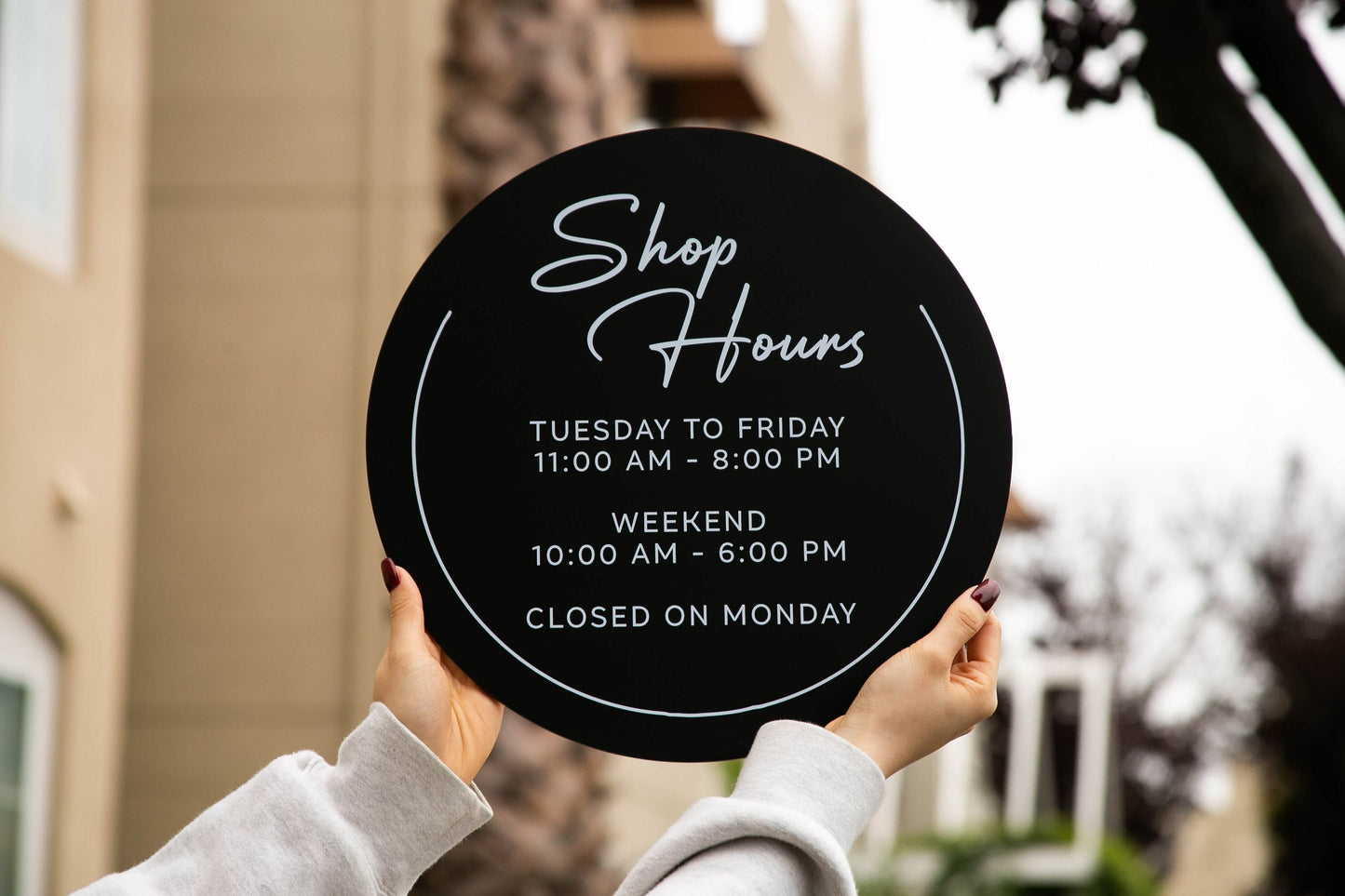 Round Acrylic Sign (Store Hours) w/ No Holes - custom signage for office home rental door, small business, spa salon operation hours signs