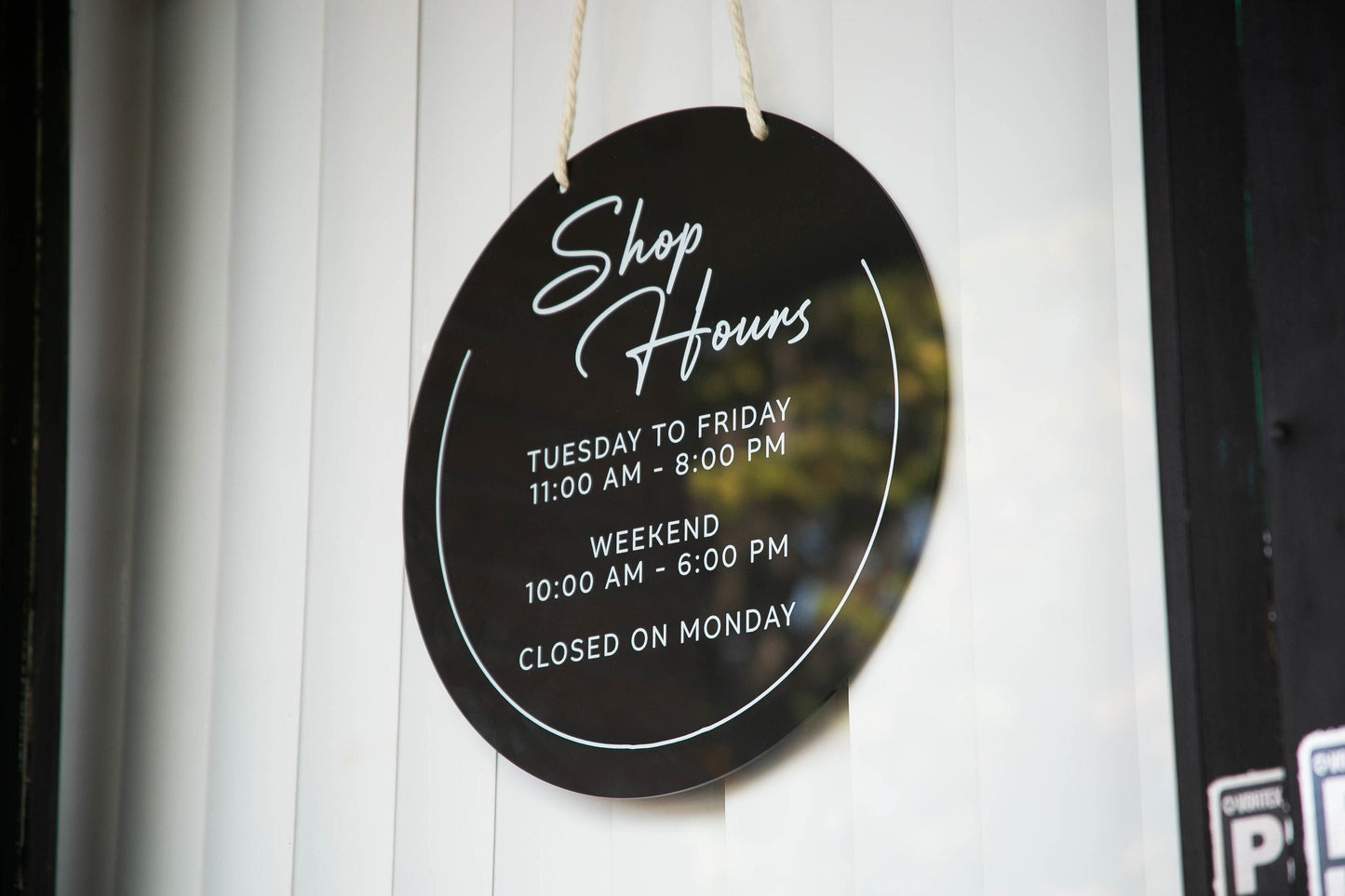 Round Hanging Acrylic Sign (Store Hours) w/ White Rope - custom signage for office home rental door, small business, spa salon working signs