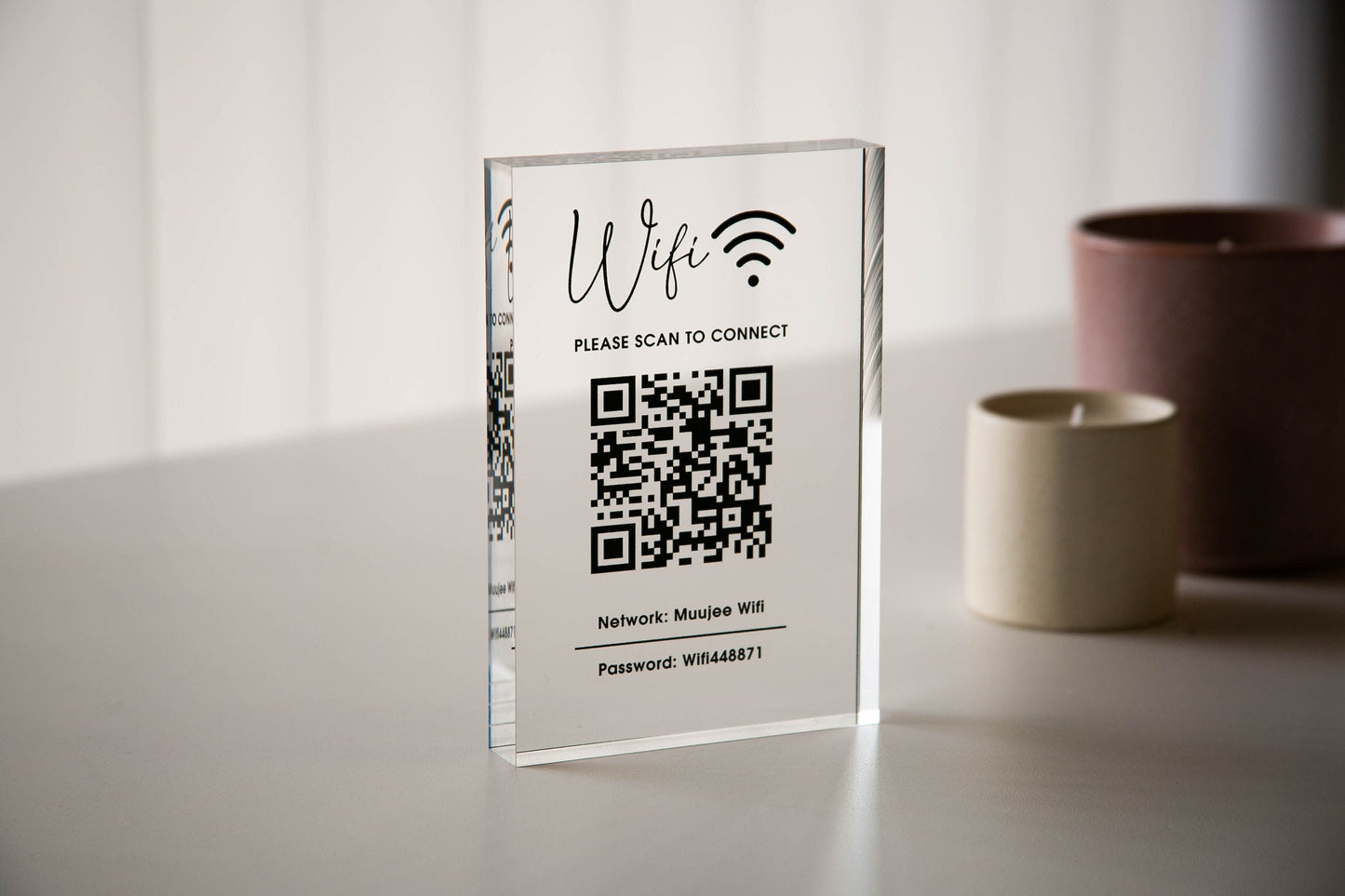 Personalized Acrylic QR Code Wifi Sign (Design 1) - Custom Network Password Table Top Signage Hotel Small Business Resaturants Bars Cafe