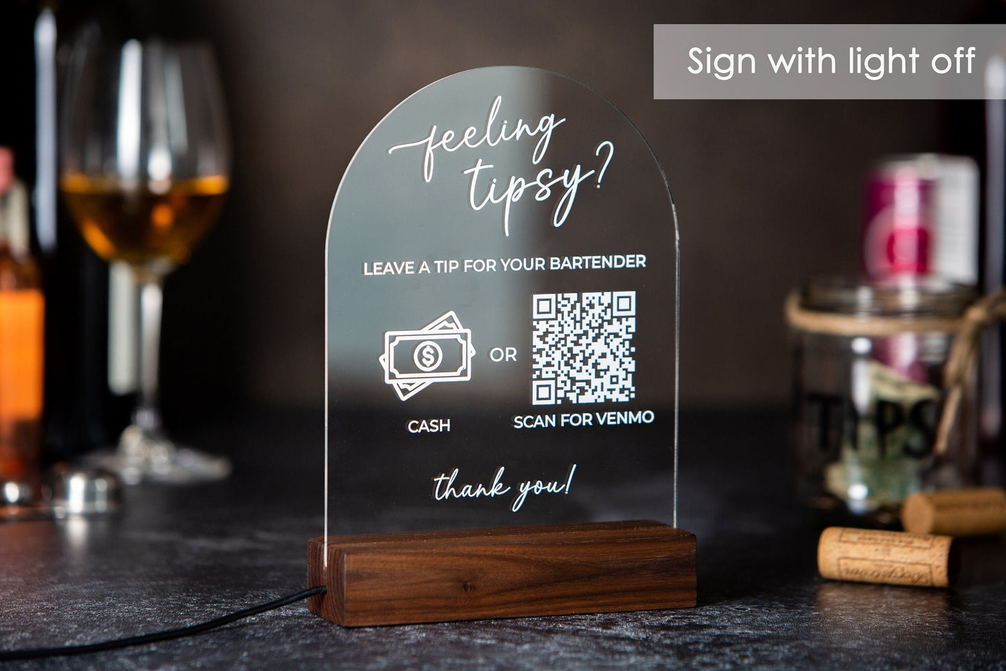 Arched QR Code Sign & Light Up LED Stand (Feeling Tipsy) - Scan for Tips Payment Venmo Paypal Cashapp, Restaurant Bars Small Business Sign
