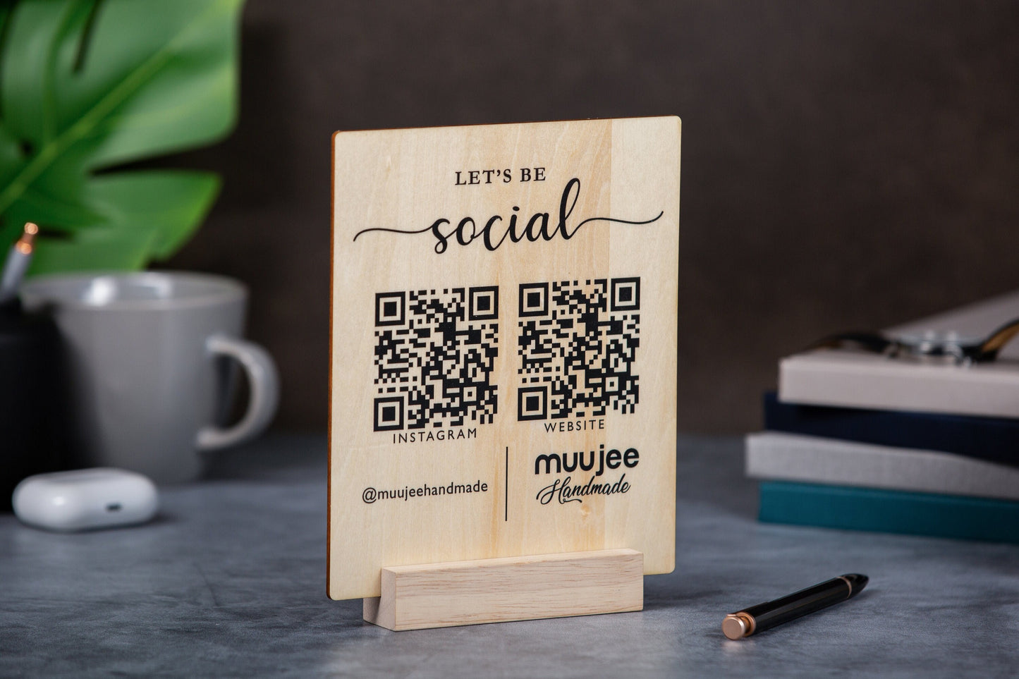 Maple QR Code Social Media Sign w/ Maple Wood Stand - Business Logo Plaque for Pop Up Vendors Weddings Salon Spa Trade Shows Craft Shows