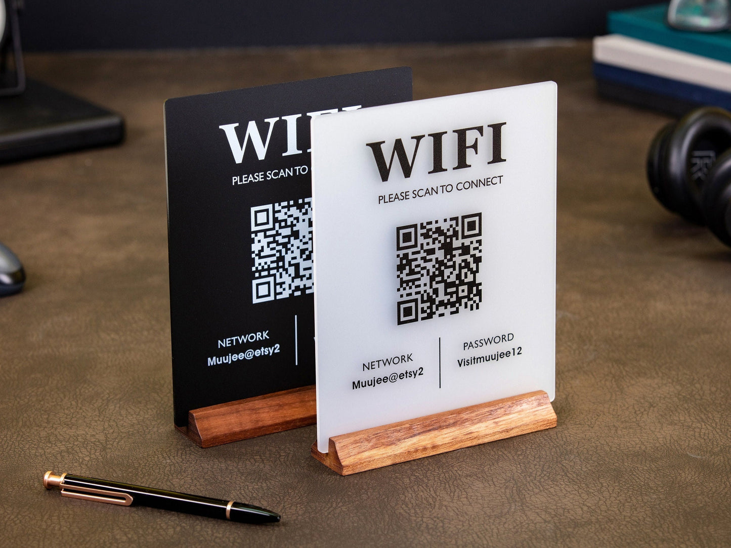 QR Code Wifi Acrylic Sign w/ Wood Base - 6x7.75" Table Sign for Home & Airbnb Rental, Sign for Small Business Office Signage, Salon Spa Wifi