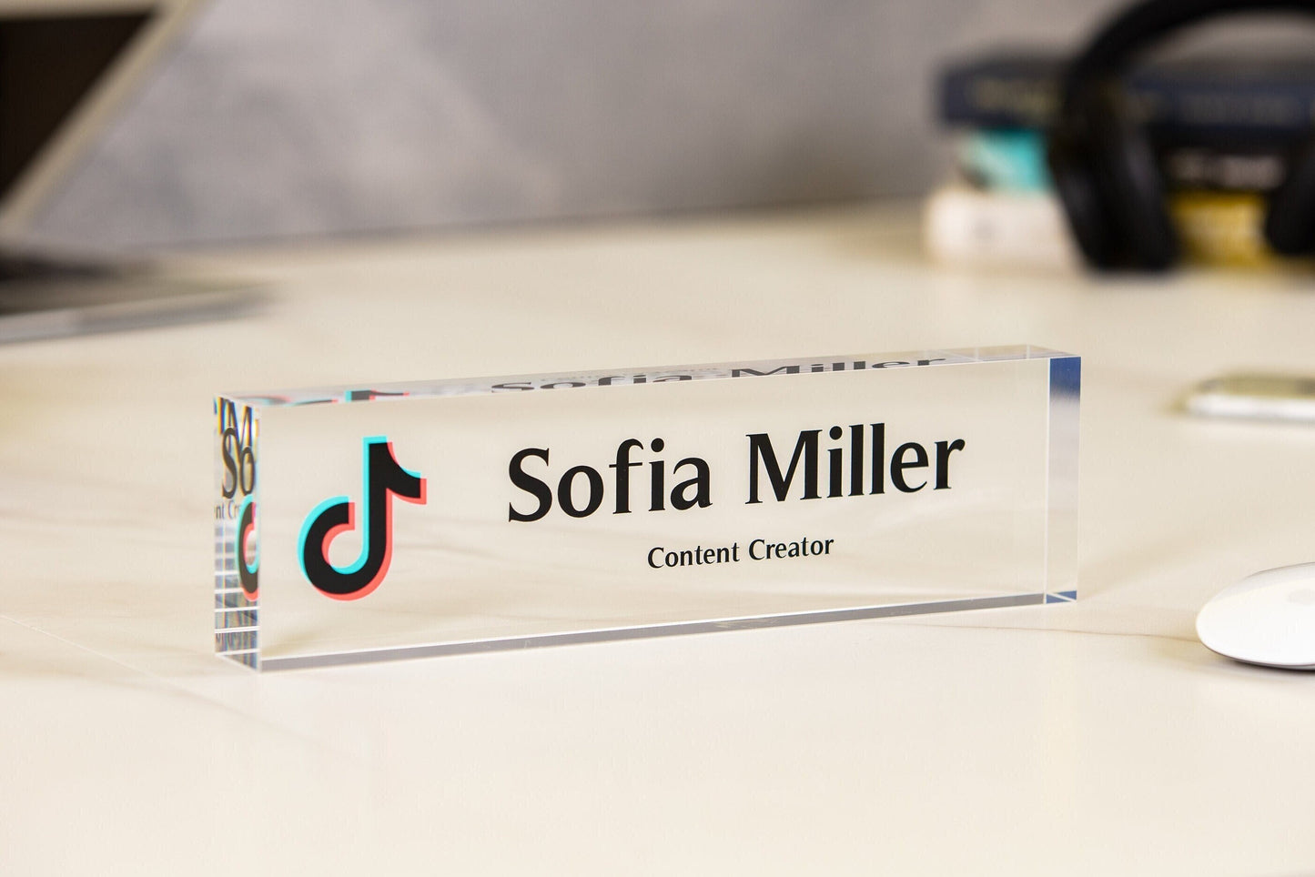 Acrylic Desk Block with Logo - 10x2.75 Executive CEO Plaque, New Job Office Business Decor, Company Staff Name Title Sign, Promotion Gift