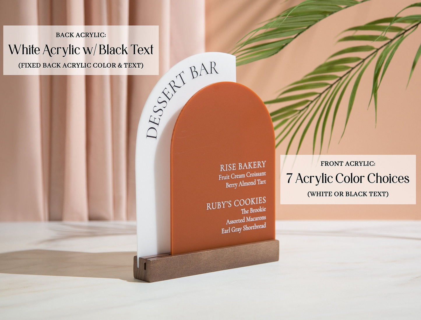 Full Arch Double Acrylic Sign w/ Walnut Wood Base - Dessert Bar for Weddings Birthdays Events, Personalized Show Menu, Custom Party Signage