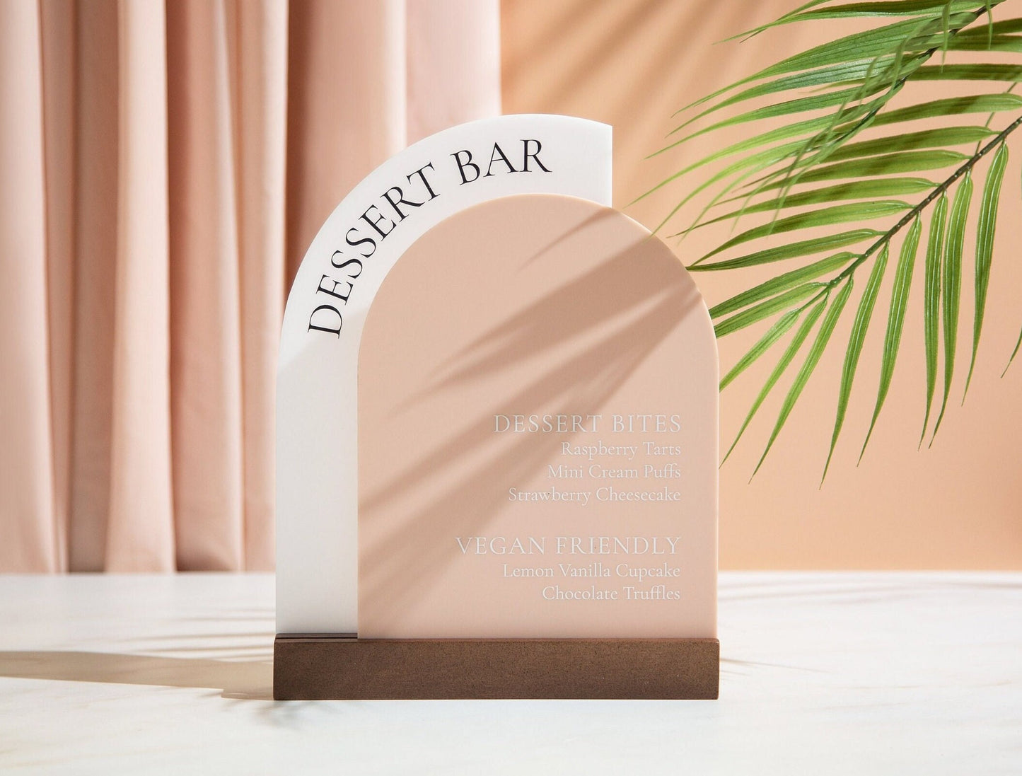 Full Arch Double Acrylic Sign w/ Walnut Wood Base - Dessert Bar for Weddings Birthdays Events, Personalized Show Menu, Custom Party Signage