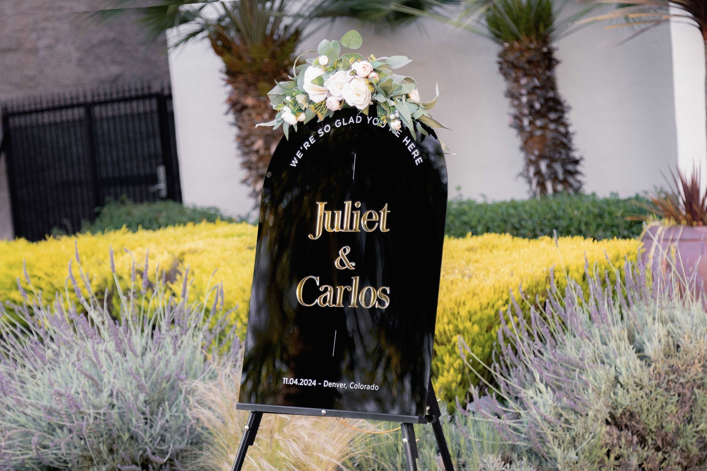 Personalized Gold Mirror Wedding Sign - Glad You're Here Arched Vertical Ceremony Welcome Signage Venue Reception Table Decor