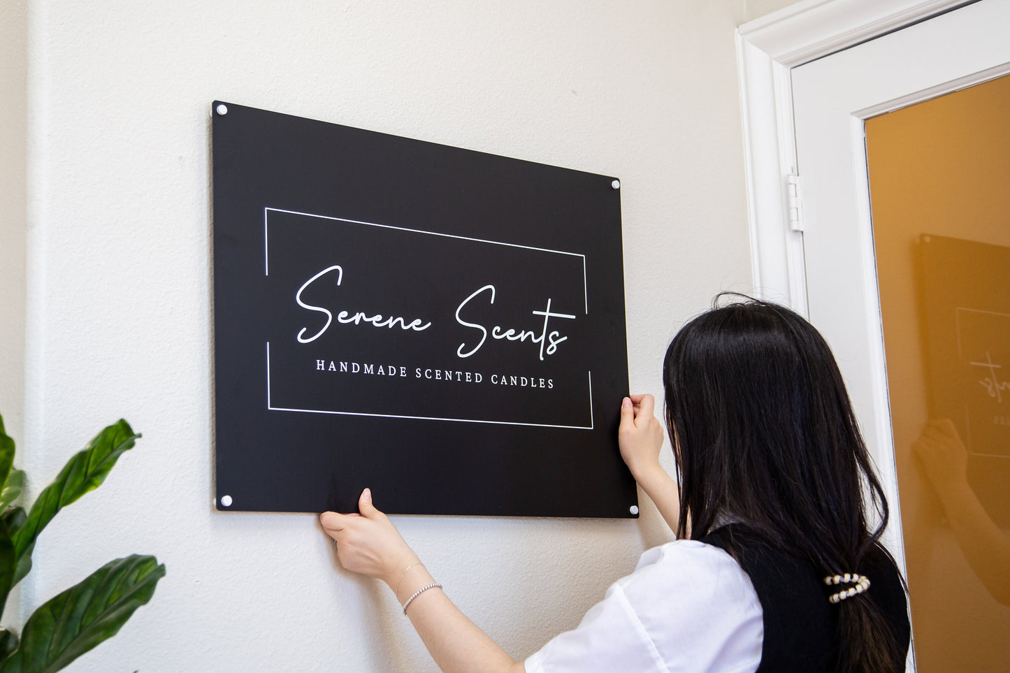 Black Rectangle Wall Sign With 4 Holes - Custom Small Business Logo Sign for Beauty Salon Owners, Hair Nail Stylist Makeup Massage Skincare