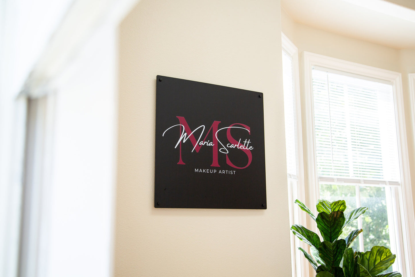 Black Square Wall Sign With 4 Holes - Custom Small Business Logo Sign for Beauty Salon Owners, Hair Nail Stylist Makeup Massage Skincare