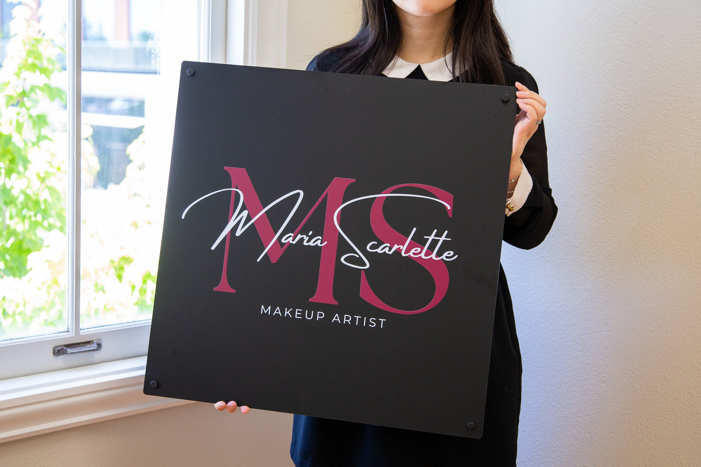 Black Square Wall Sign With 4 Holes - Custom Small Business Logo Sign for Beauty Salon Owners, Hair Nail Stylist Makeup Massage Skincare