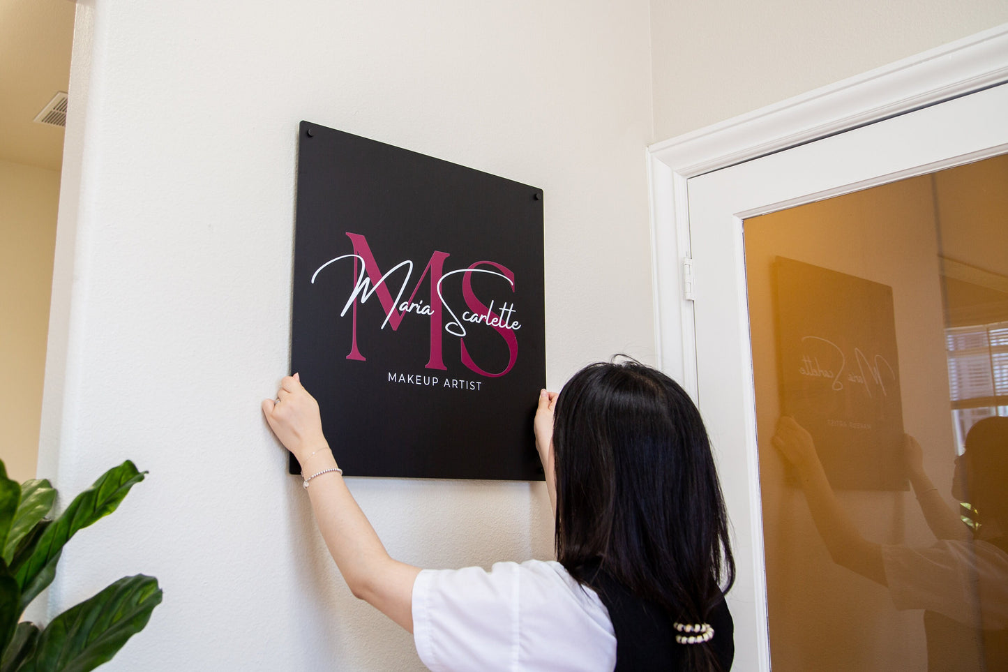 Black Square Wall Sign With 4 Holes - Custom Small Business Logo Sign for Beauty Salon Owners, Hair Nail Stylist Makeup Massage Skincare