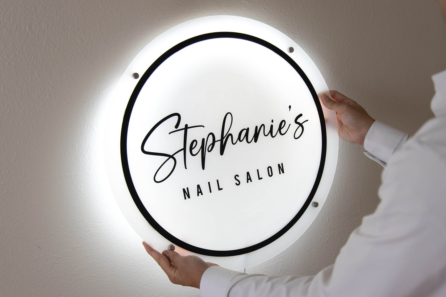 LED Round Sign With 4 Holes - Custom Led Light Acrylic Business Logo Sign for Beauty Salon Owners, Hair Nail Stylist Makeup Massage Skincare