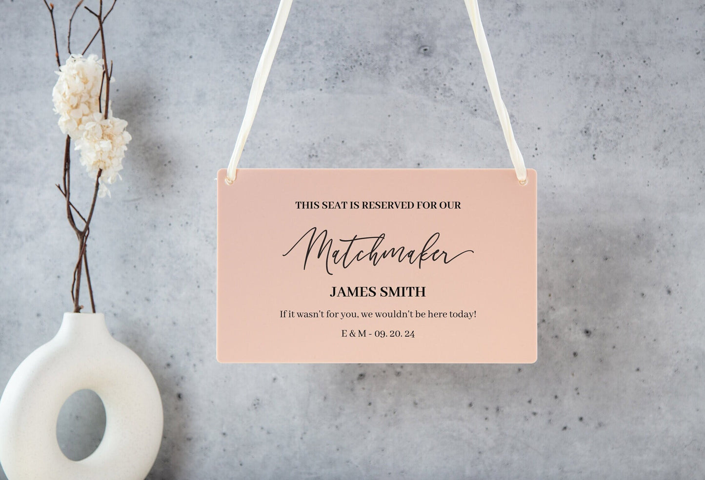 Wedding Hanging Acrylic Sign with Ribbon (Design 2) - 11.5x7" Sign, Signage for Wedding Chair Aisle Table, Matchmaker Sign