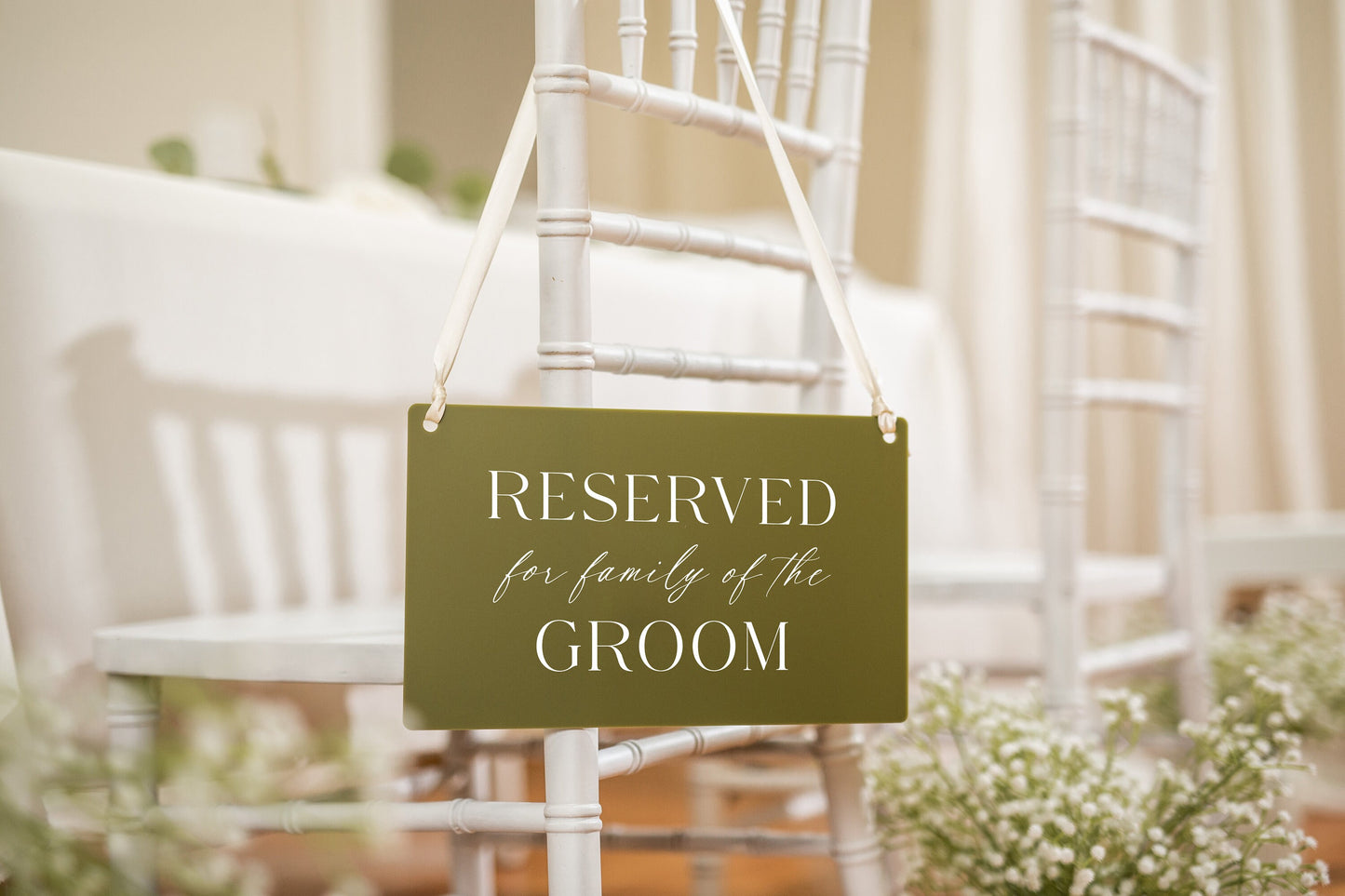 Reserved Hanging Acrylic Sign with Ribbon (D2) - 11.5x7" Reserved Seat Sign for Family of the Groom, Wedding Ceremony Reception Chair Sign
