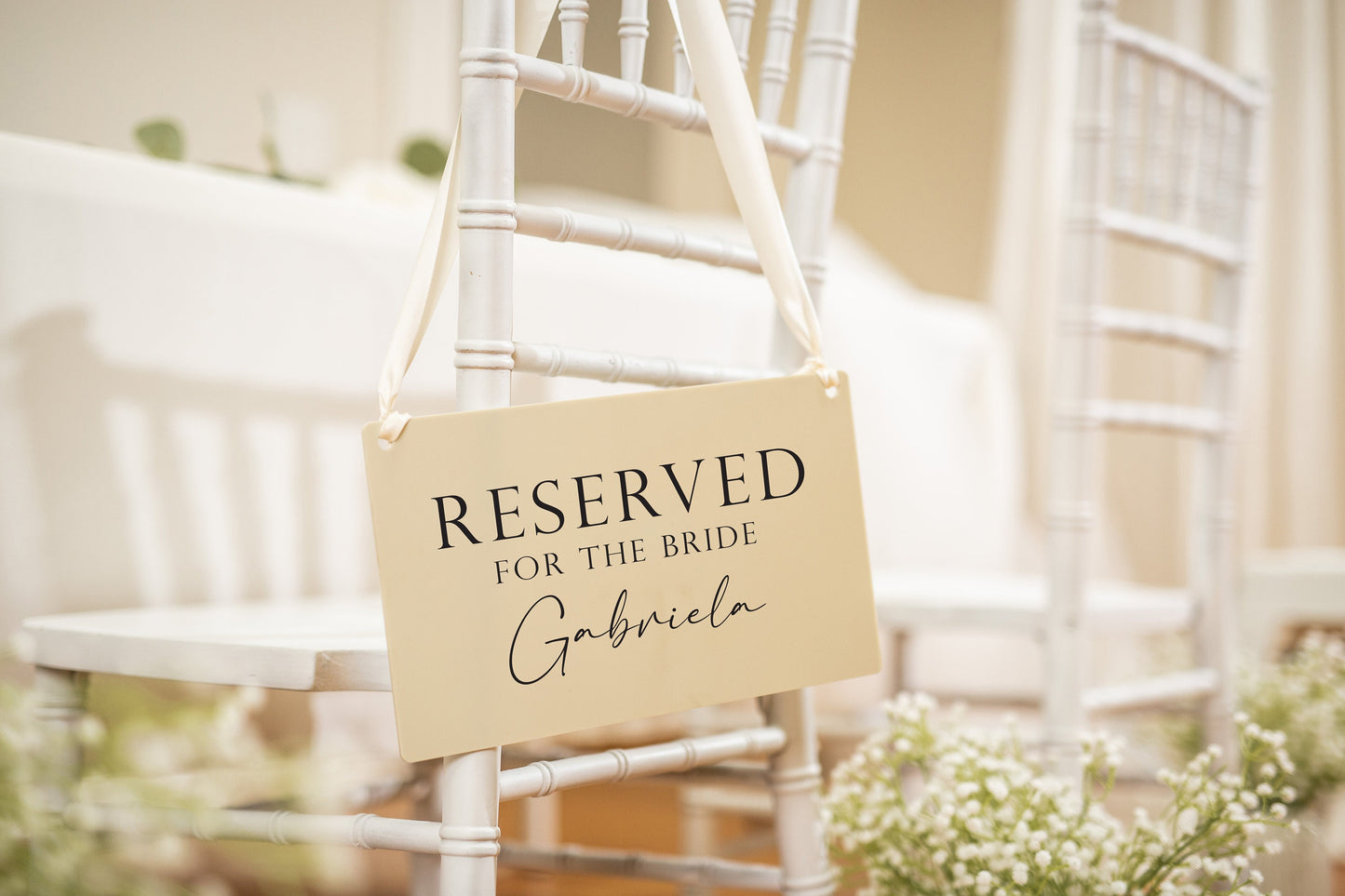 Reserved Hanging Acrylic Sign with Ribbon (D5) - 11.5x7" Reserved Seat Sign for the Bride with Name, Wedding Ceremony Reception Chair Sign