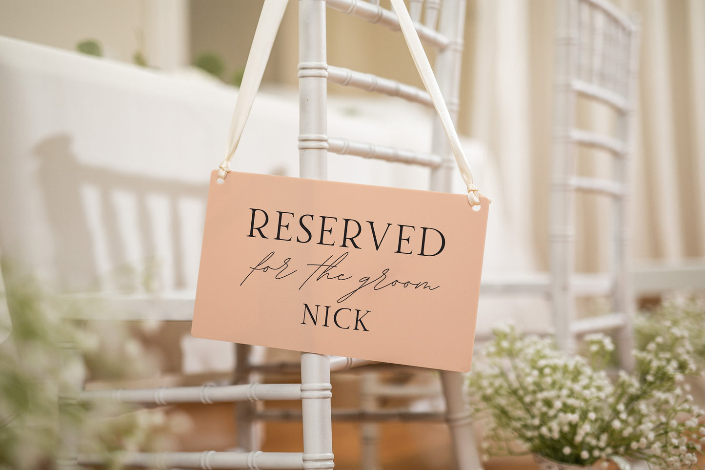 Reserved Hanging Acrylic Sign with Ribbon (D7) - 11.5x7" Reserved Seat Sign for the Groom with Name, Wedding Ceremony Reception Chair Sign