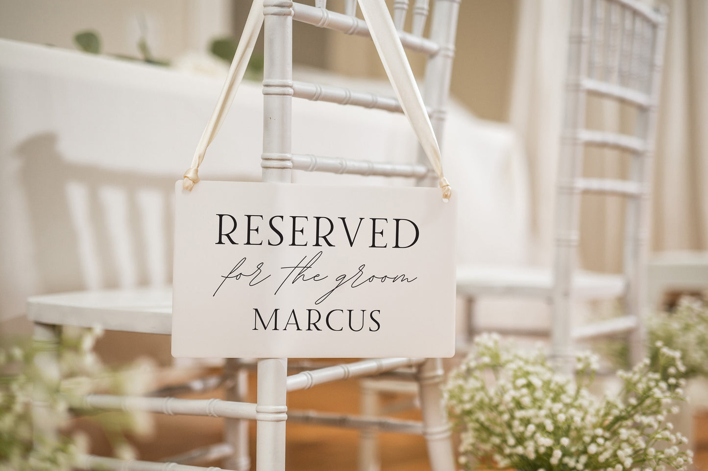 Reserved Hanging Acrylic Sign with Ribbon (D7) - 11.5x7" Reserved Seat Sign for the Groom with Name, Wedding Ceremony Reception Chair Sign