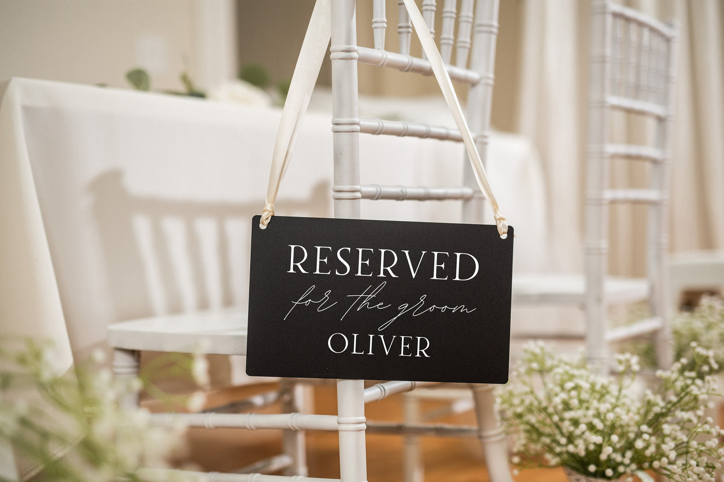 Reserved Hanging Acrylic Sign with Ribbon (D7) - 11.5x7" Reserved Seat Sign for the Groom with Name, Wedding Ceremony Reception Chair Sign