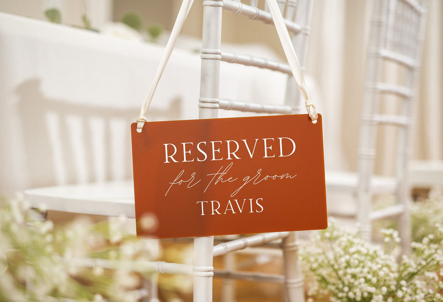 Reserved Hanging Acrylic Sign with Ribbon (D7) - 11.5x7" Reserved Seat Sign for the Groom with Name, Wedding Ceremony Reception Chair Sign