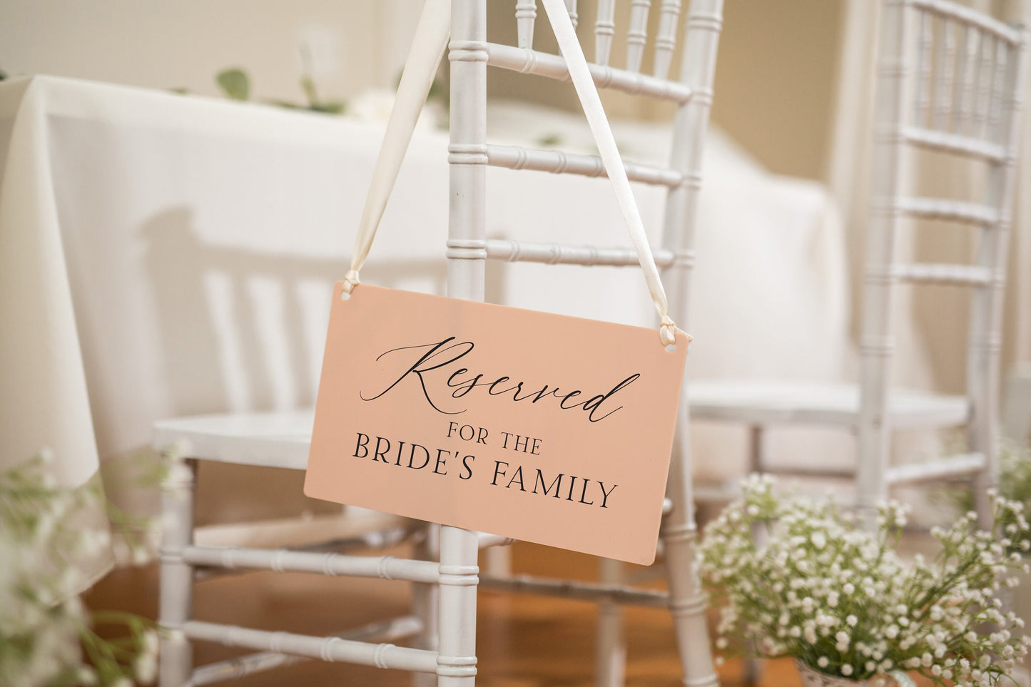 Reserved Hanging Acrylic Sign with Ribbon (D8) - 11.5x7" Reserved Seat Sign for the Bride's Family, Wedding Ceremony Reception Chair Sign