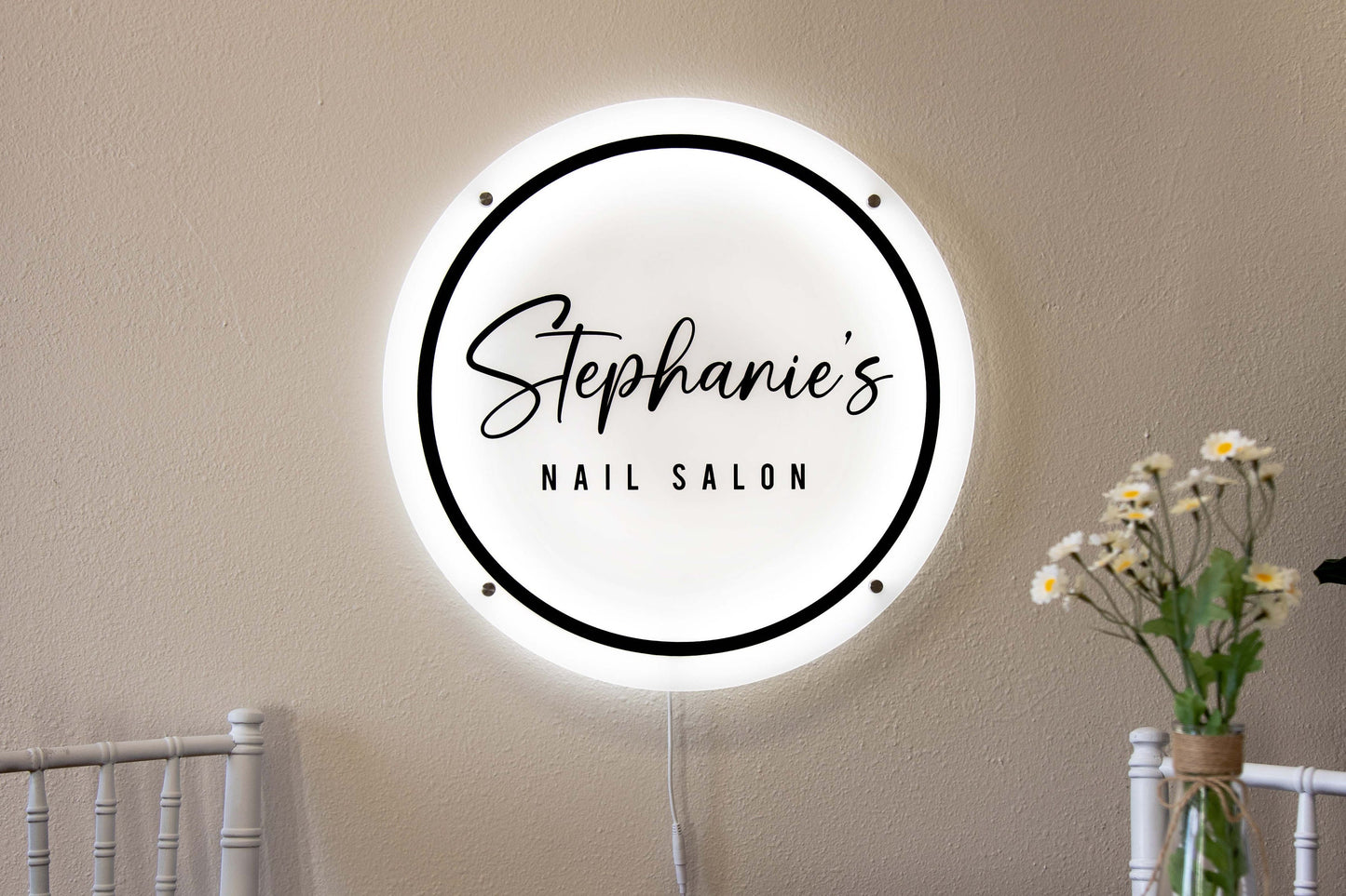 LED Round Sign With 4 Holes - Custom Led Light Acrylic Business Logo Sign for Beauty Salon Owners, Hair Nail Stylist Makeup Massage Skincare