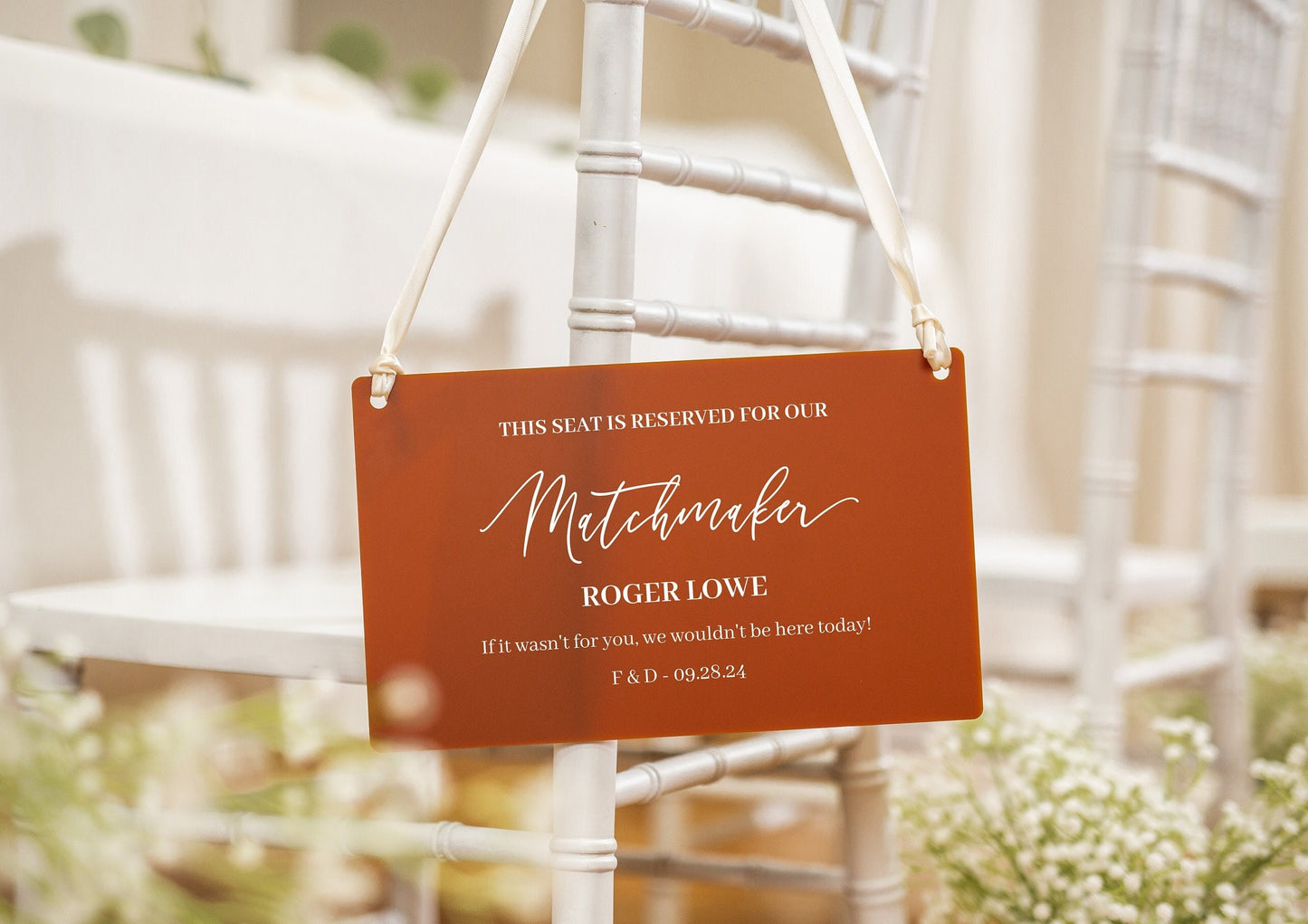 Wedding Hanging Acrylic Sign with Ribbon (Design 2) - 11.5x7" Sign, Signage for Wedding Chair Aisle Table, Matchmaker Sign