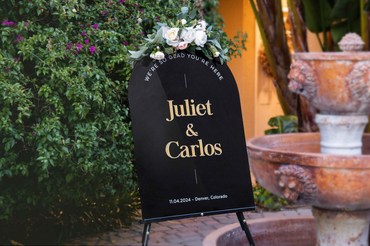 Personalized Gold Mirror Wedding Sign - Glad You're Here Arched Vertical Ceremony Welcome Signage Venue Reception Table Decor