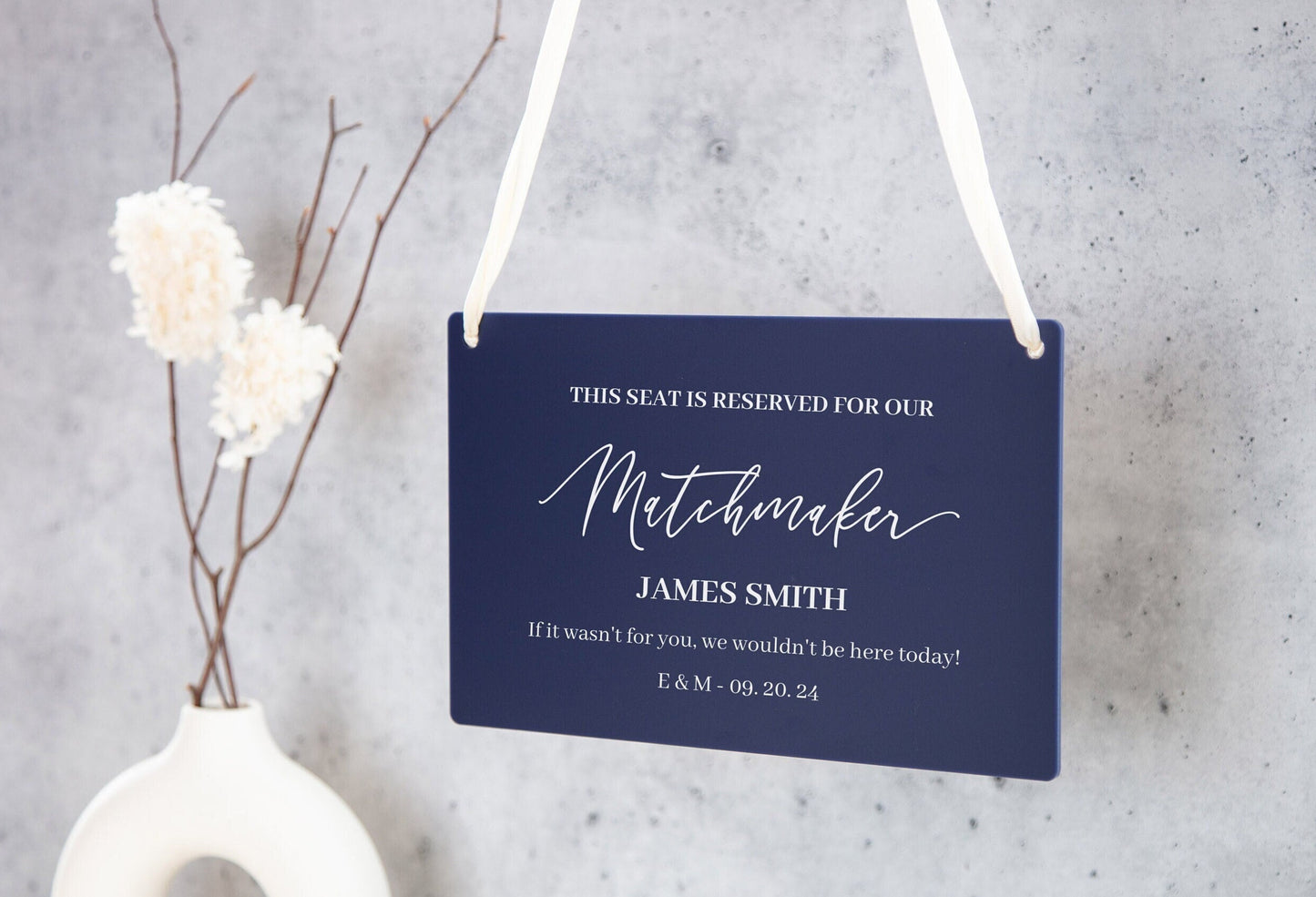 Wedding Hanging Acrylic Sign with Ribbon (Design 2) - 11.5x7" Sign, Signage for Wedding Chair Aisle Table, Matchmaker Sign