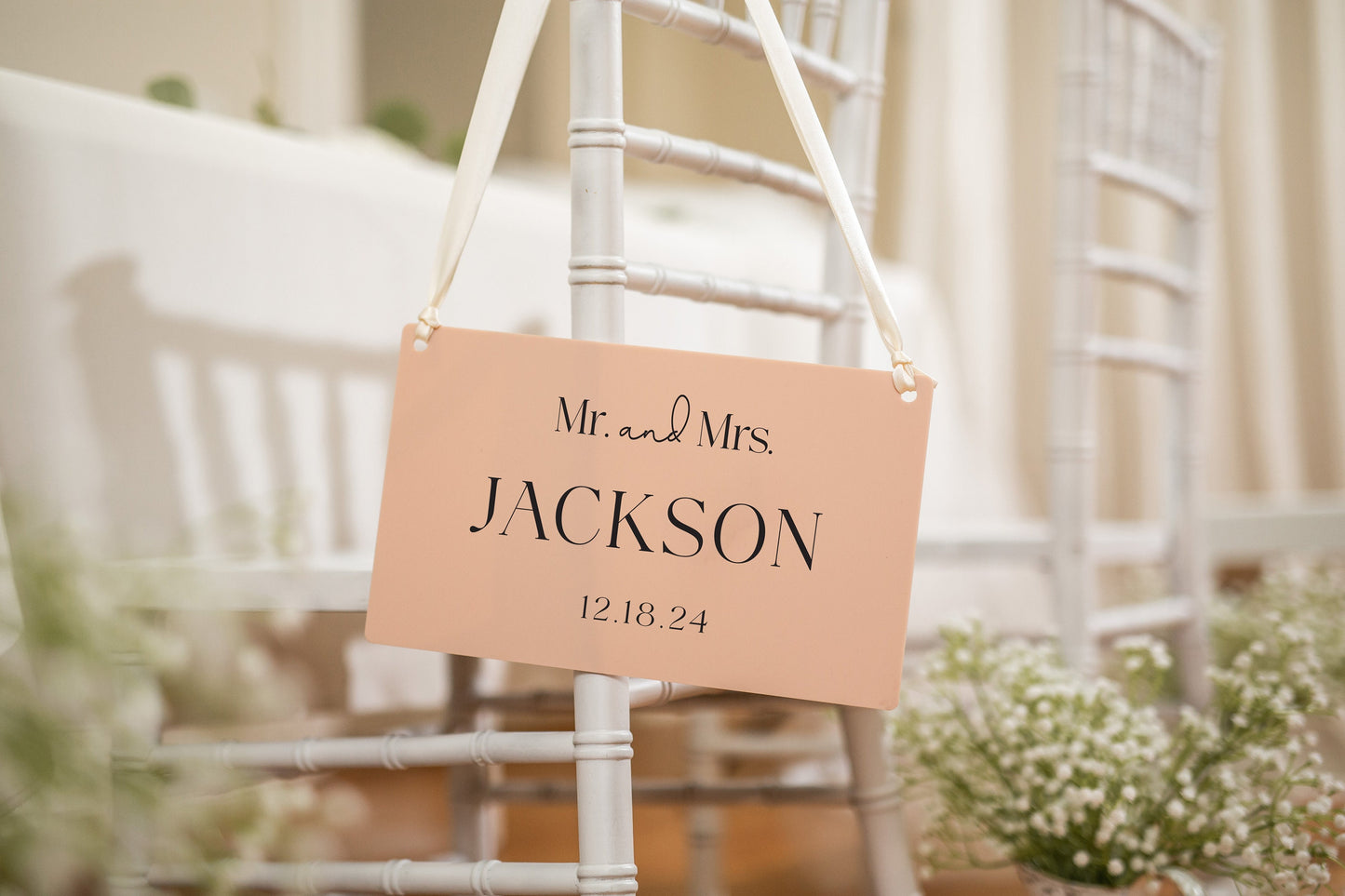 Wedding Hanging Acrylic Sign with Ribbon (Design 4) - 11.5x7" Sign, Mr. & Mrs. Wedding Sign, Bride and Groom Newlywed Decor, Couple Gift