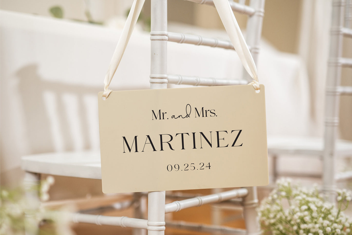 Wedding Hanging Acrylic Sign with Ribbon (Design 4) - 11.5x7" Sign, Mr. & Mrs. Wedding Sign, Bride and Groom Newlywed Decor, Couple Gift