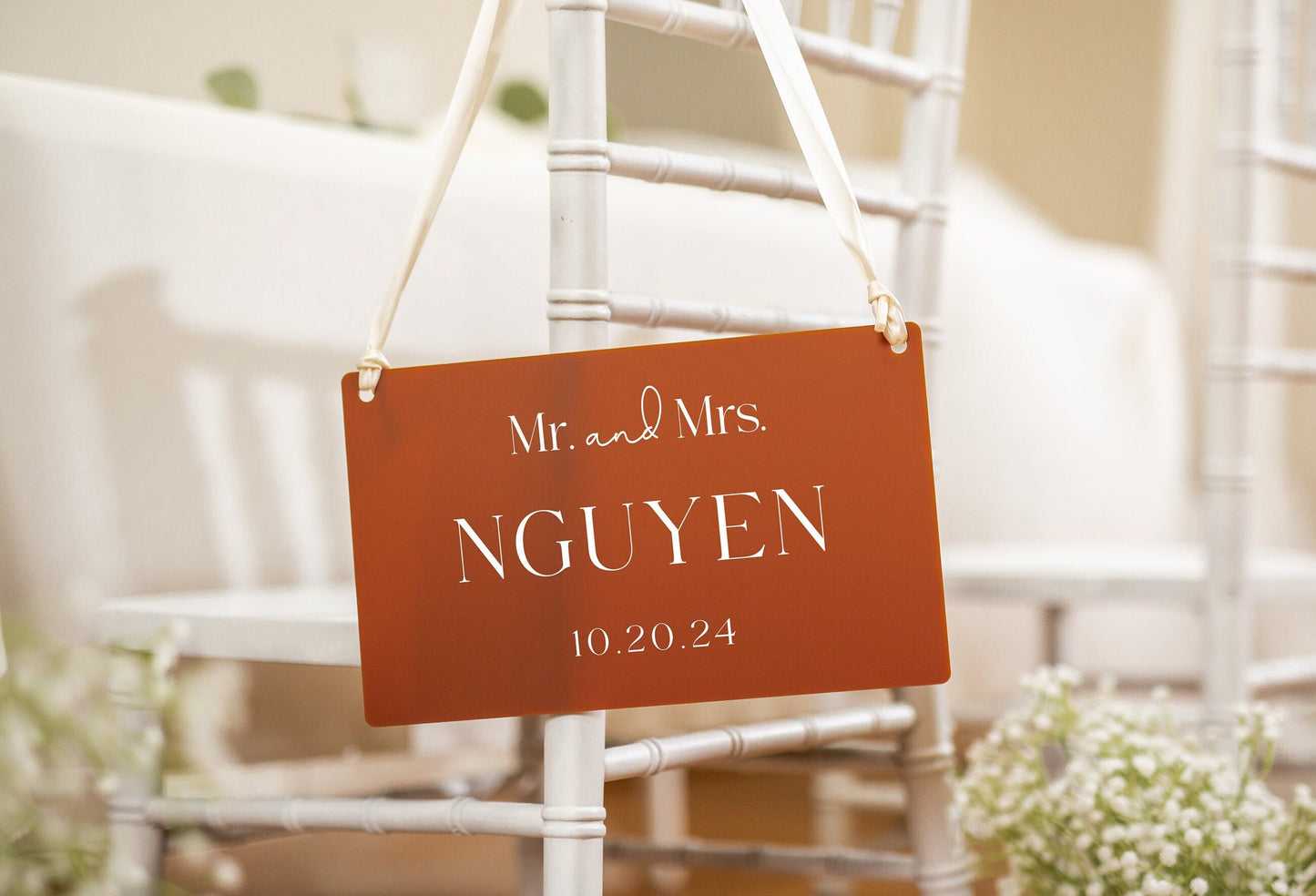 Wedding Hanging Acrylic Sign with Ribbon (Design 4) - 11.5x7" Sign, Mr. & Mrs. Wedding Sign, Bride and Groom Newlywed Decor, Couple Gift