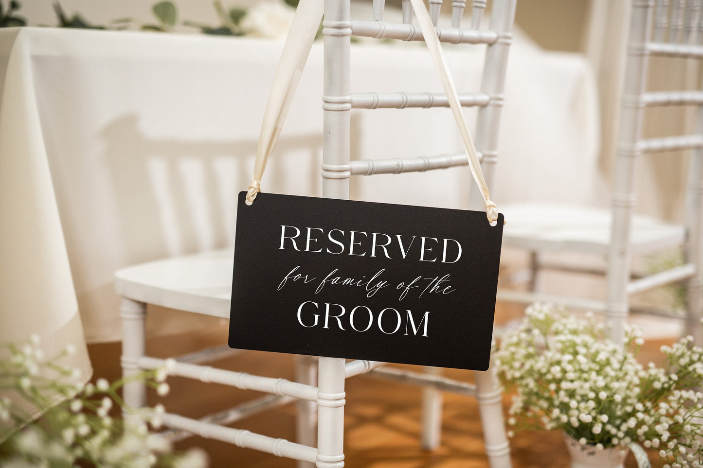 Reserved Hanging Acrylic Sign with Ribbon (D2) - 11.5x7" Reserved Seat Sign for Family of the Groom, Wedding Ceremony Reception Chair Sign