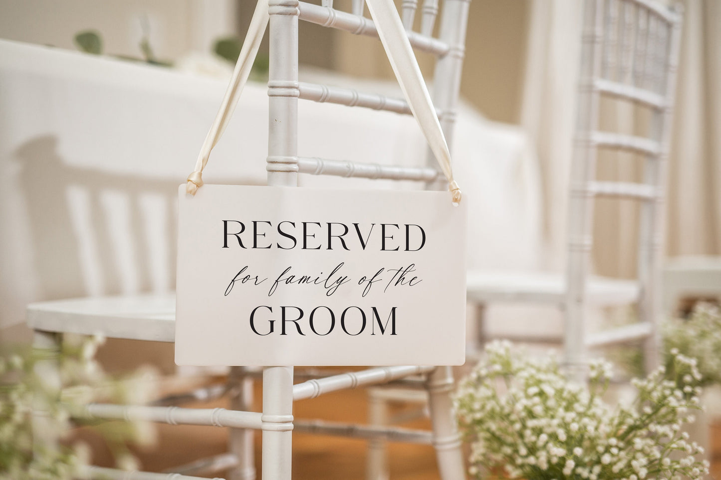 Reserved Hanging Acrylic Sign with Ribbon (D2) - 11.5x7" Reserved Seat Sign for Family of the Groom, Wedding Ceremony Reception Chair Sign