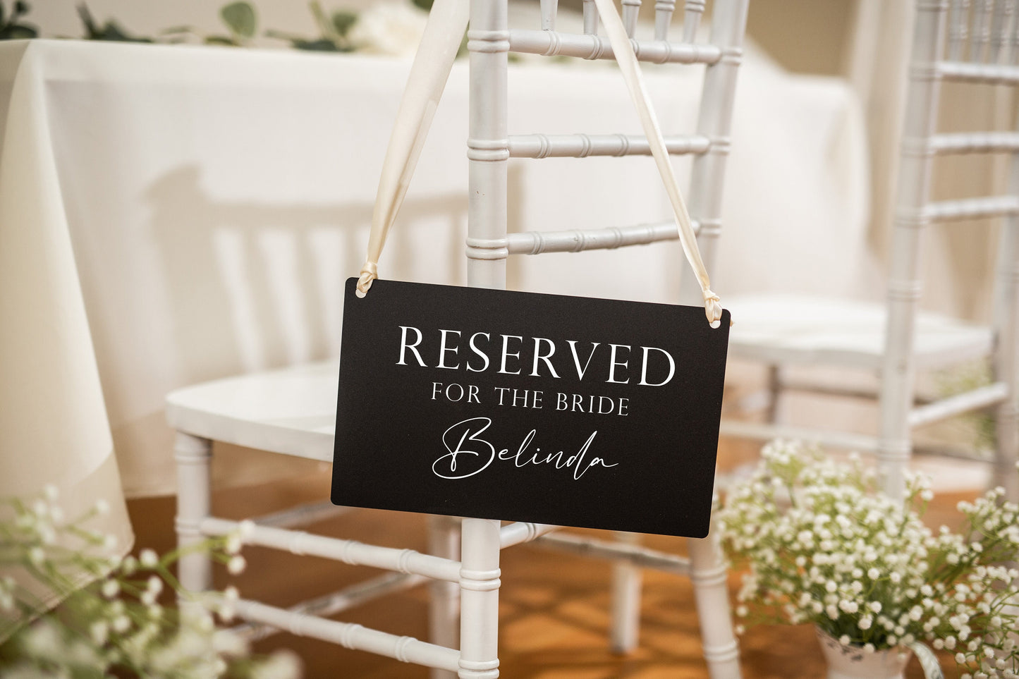 Reserved Hanging Acrylic Sign with Ribbon (D5) - 11.5x7" Reserved Seat Sign for the Bride with Name, Wedding Ceremony Reception Chair Sign