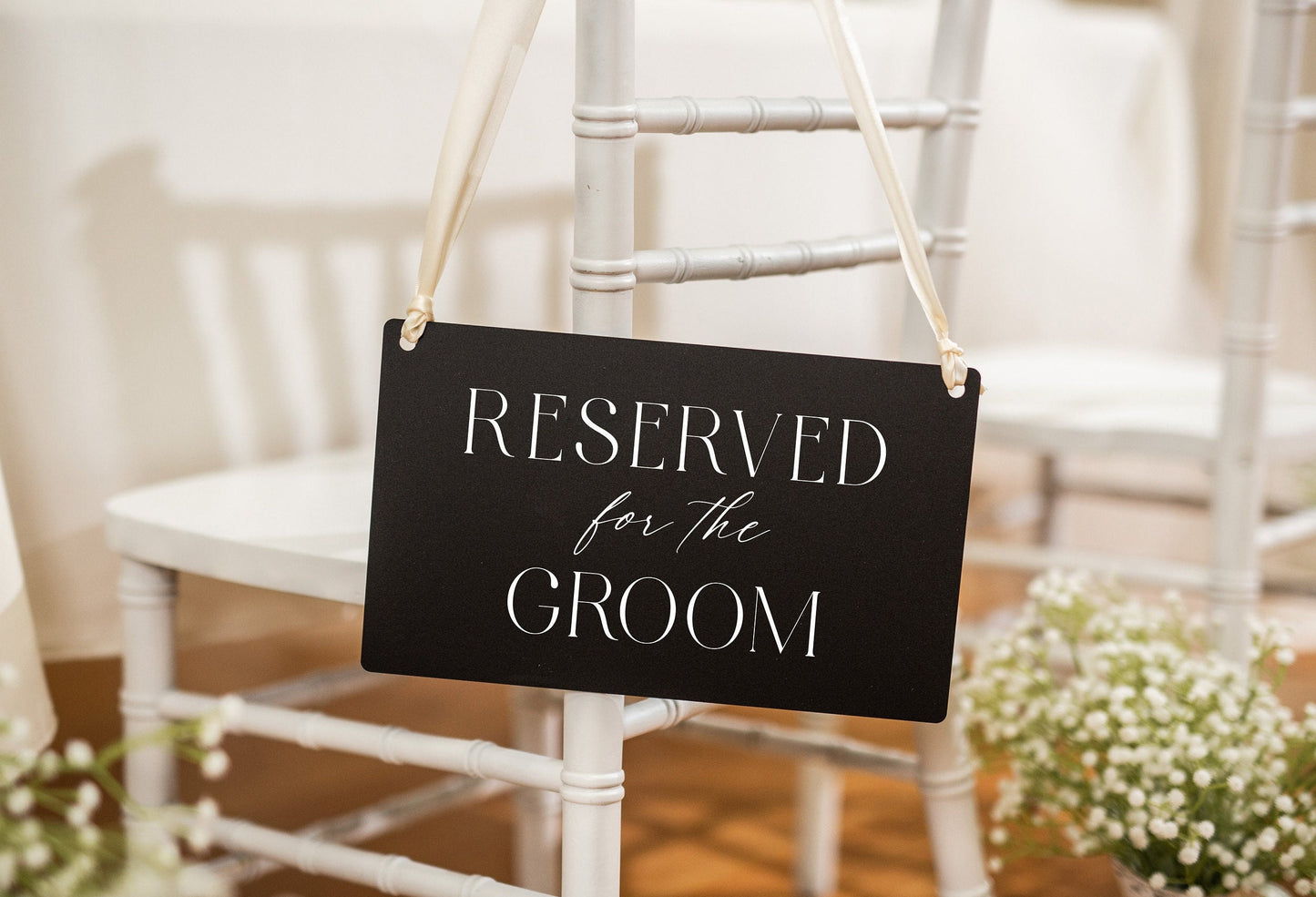 Reserved Hanging Acrylic Sign with Ribbon (D6) - 11.5x7" Reserved Seat Sign for the Groom, Modern Wedding Ceremony Reception Chair Sign