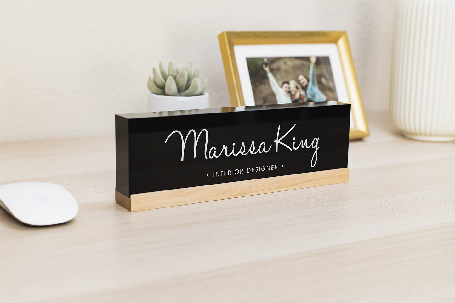 Personalized Acrylic Name Block (D10) - w/ Optional Wooden Base, Cursive Creative Executive Desk CEO Sign, Job Office Decor Promotion Gift