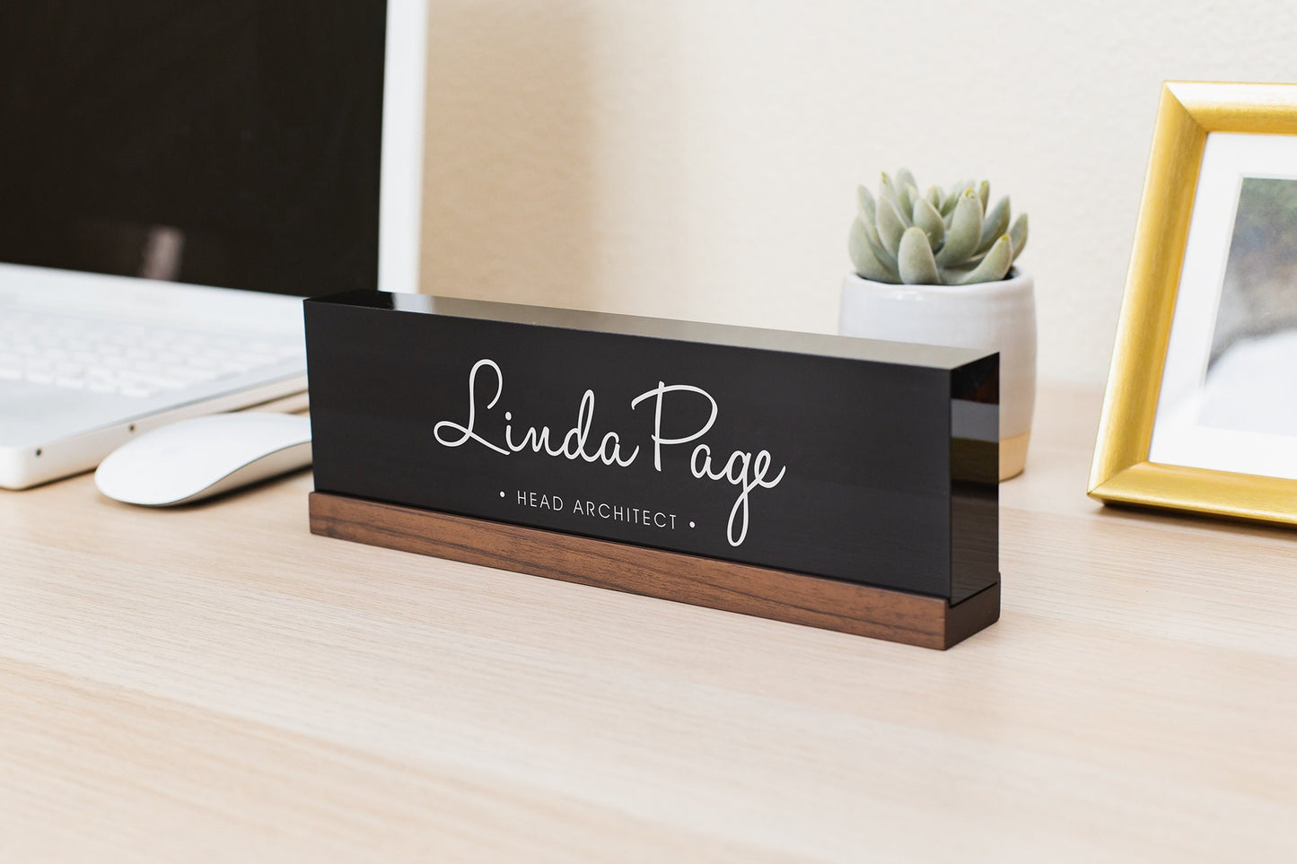 Personalized Acrylic Name Block (D10) - w/ Optional Wooden Base, Cursive Creative Executive Desk CEO Sign, Job Office Decor Promotion Gift