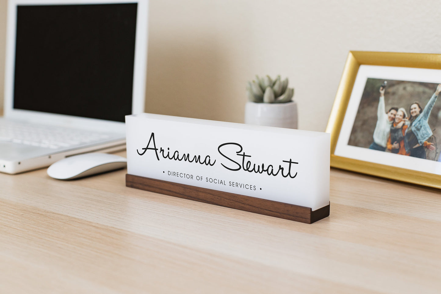 Personalized Acrylic Name Block (D10) - w/ Optional Wooden Base, Cursive Creative Executive Desk CEO Sign, Job Office Decor Promotion Gift