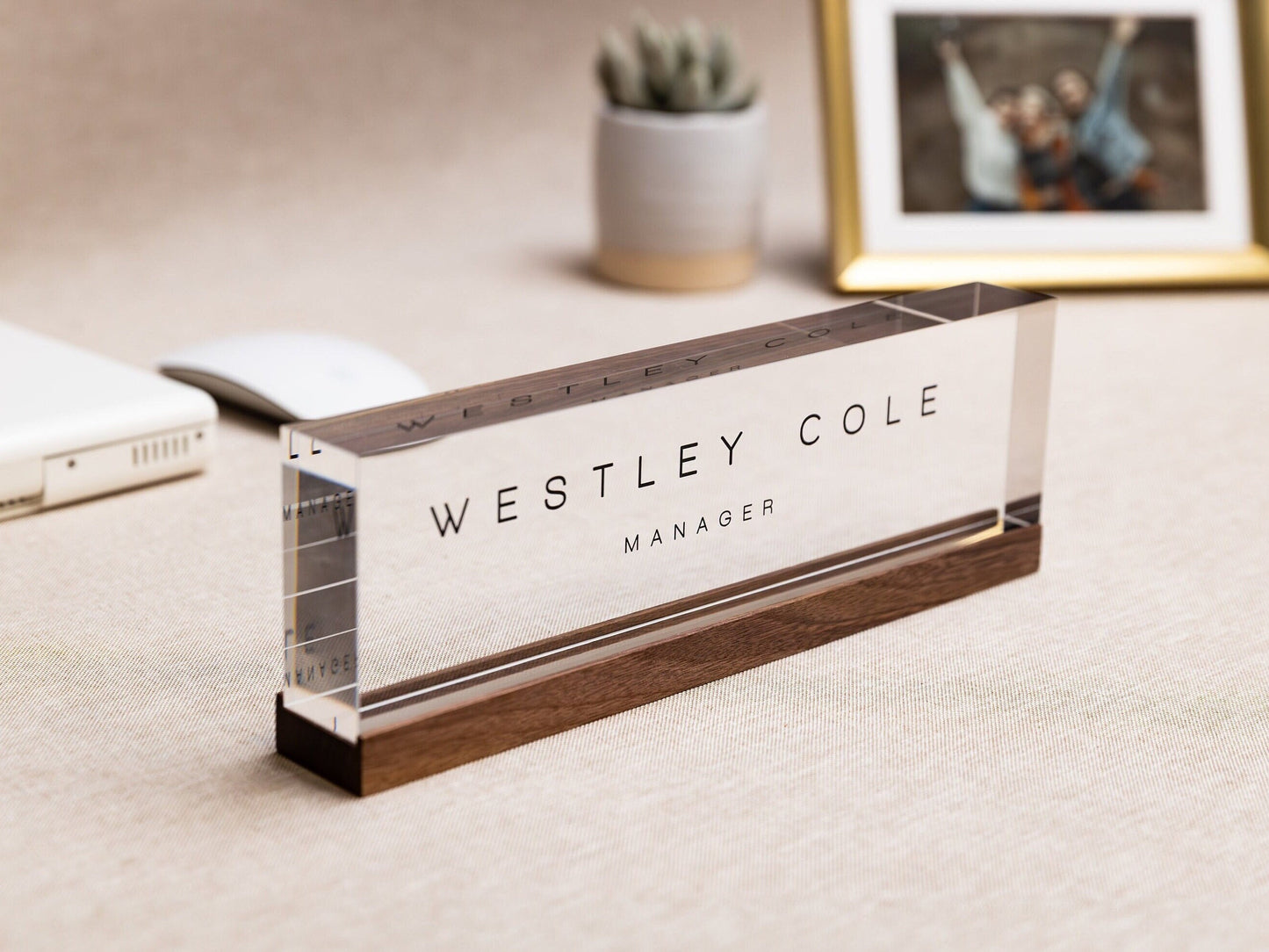Personalized Acrylic Name Block (D3) - w/ Optional Wooden Base, Minimal Executive Desk CEO Sign, Job Office Decor, Teacher or Promotion Gift