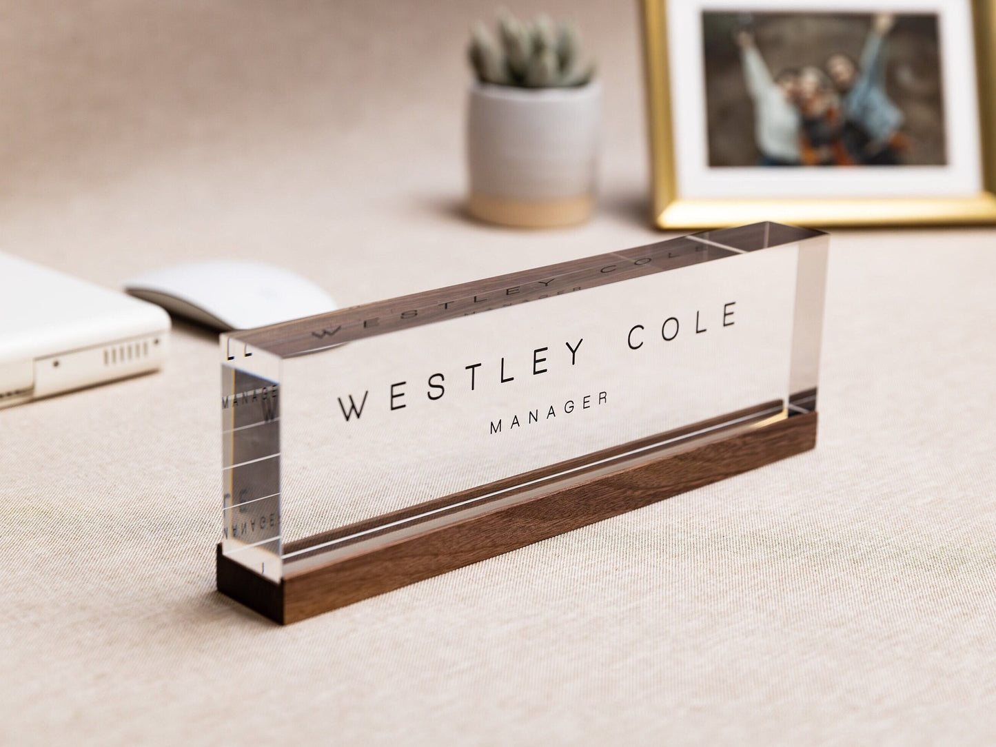 Personalized Acrylic Name Block (D3) - w/ Optional Wooden Base, Minimal Executive Desk CEO Sign, Job Office Decor, Teacher or Promotion Gift