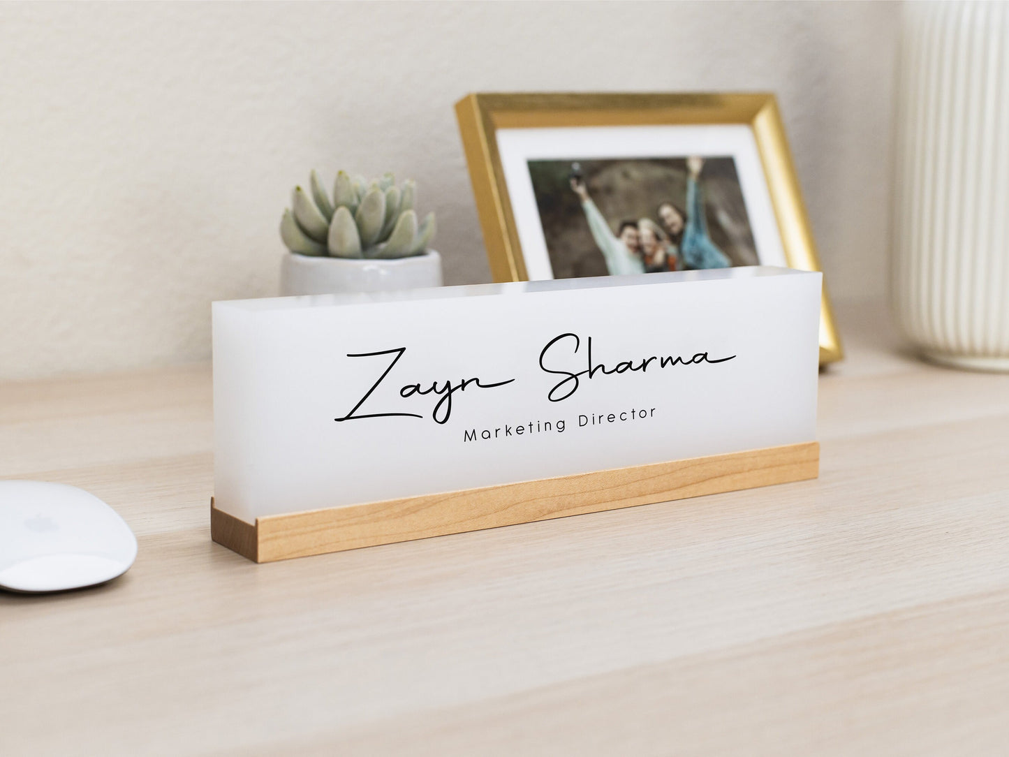 Personalized Acrylic Name Block (D2) - w/ Optional Wooden Base, Minimal Executive Desk CEO Sign, Job Office Decor Teacher Manager Gift