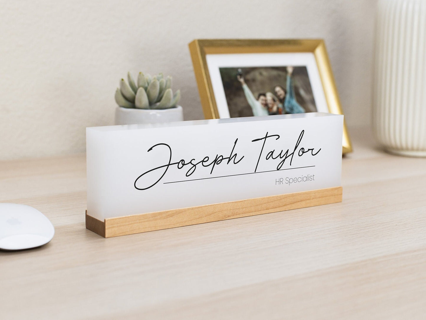 Personalized Acrylic Name Block (D6) - w/ Optional Wooden Base, Executive Desk CEO Sign, Job Office Decor Principal Promotion Gift
