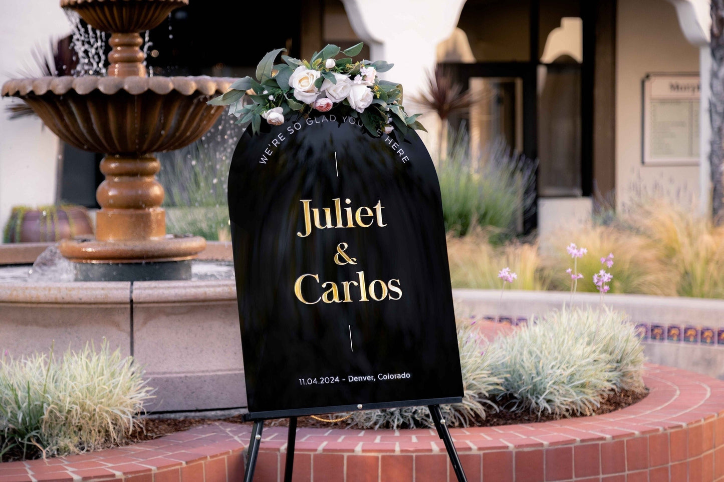 Personalized Gold Mirror Wedding Sign - Glad You're Here Arched Vertical Ceremony Welcome Signage Venue Reception Table Decor
