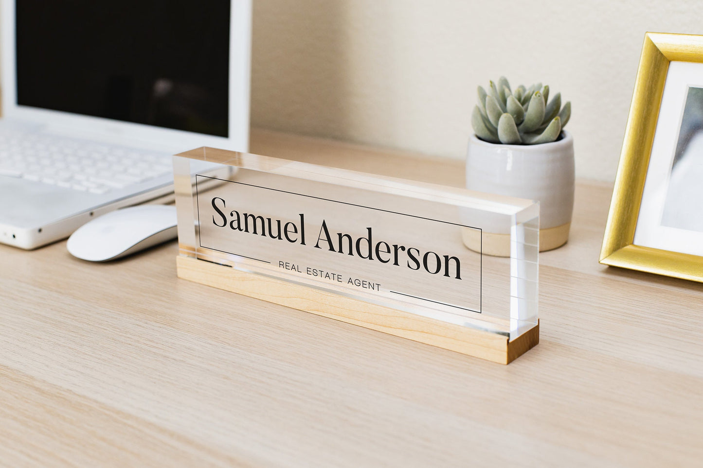 Personalized Acrylic Name Block (D9) - w/ Optional Wooden Base, Modern Manager Executive Desk CEO Boss Sign, Work Name Job Title Office